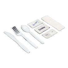 White plastic cutlery set with salt pepper creamer sugar sachets and napkin